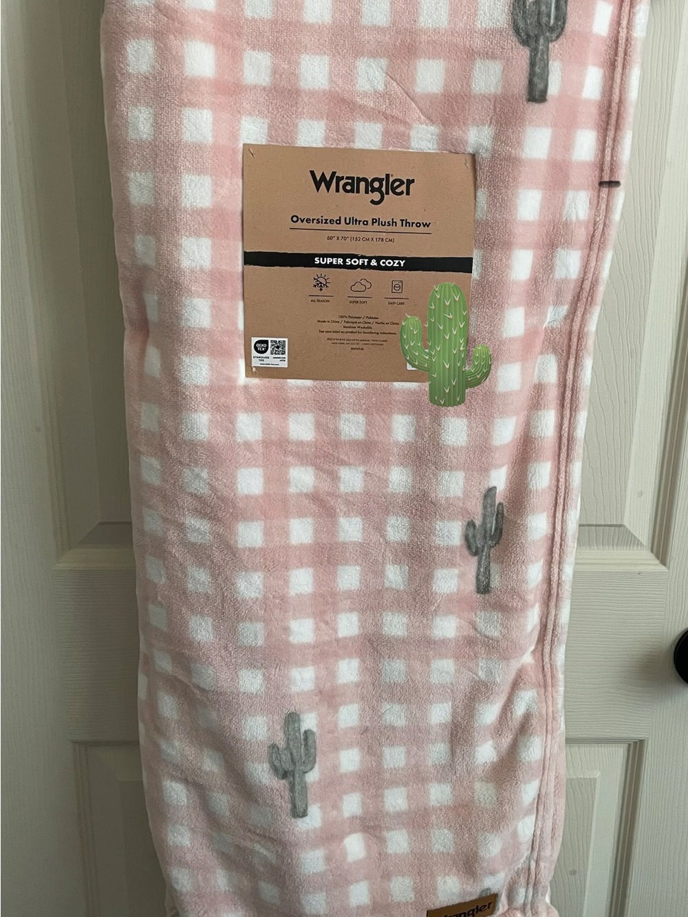 Wrangler Pink and White Check Plush Throw with Cactus Accents-Western